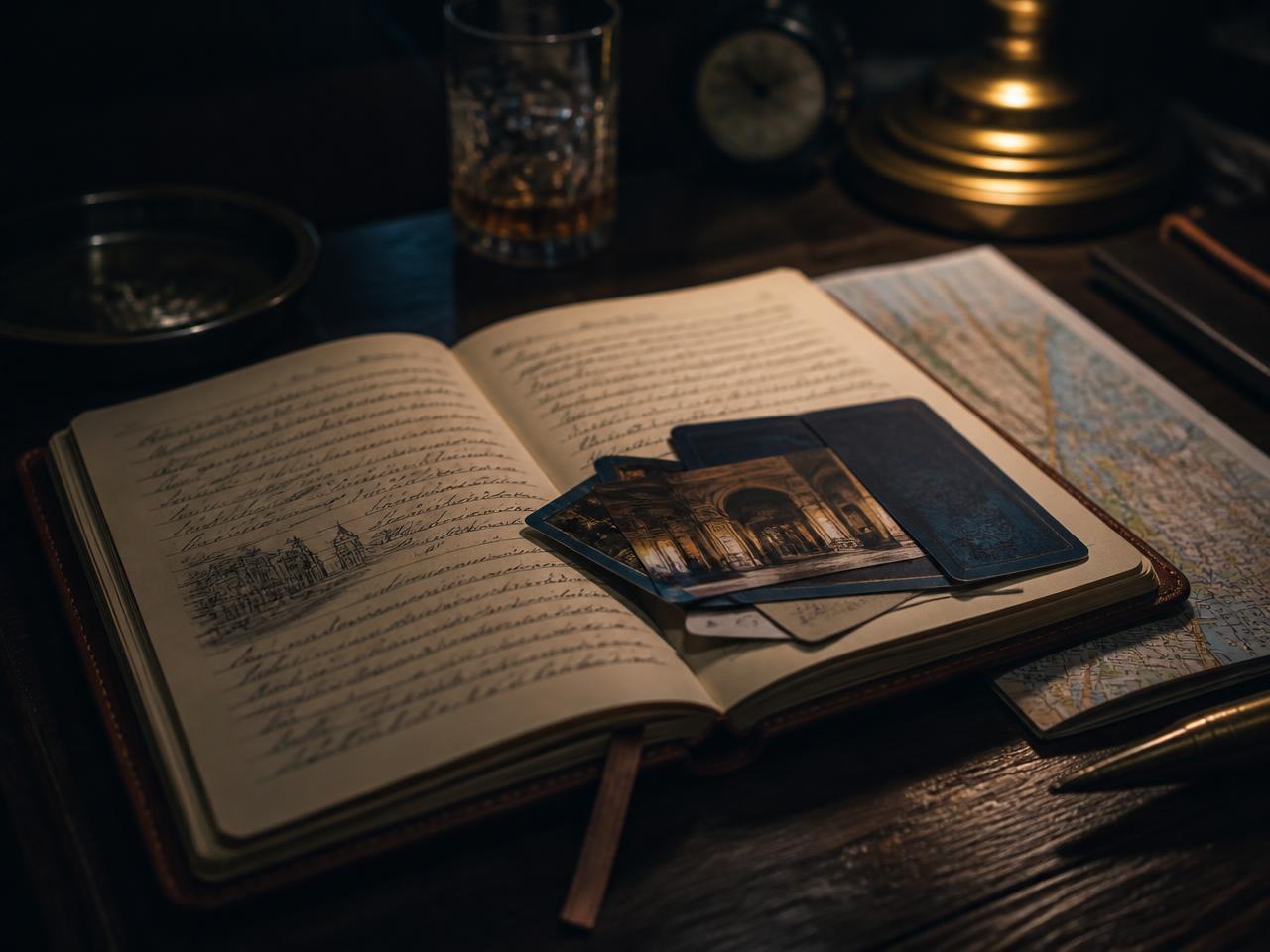 A handwritten travel notebook with hotel keycards, restaurant cards and a folded map under lamplight